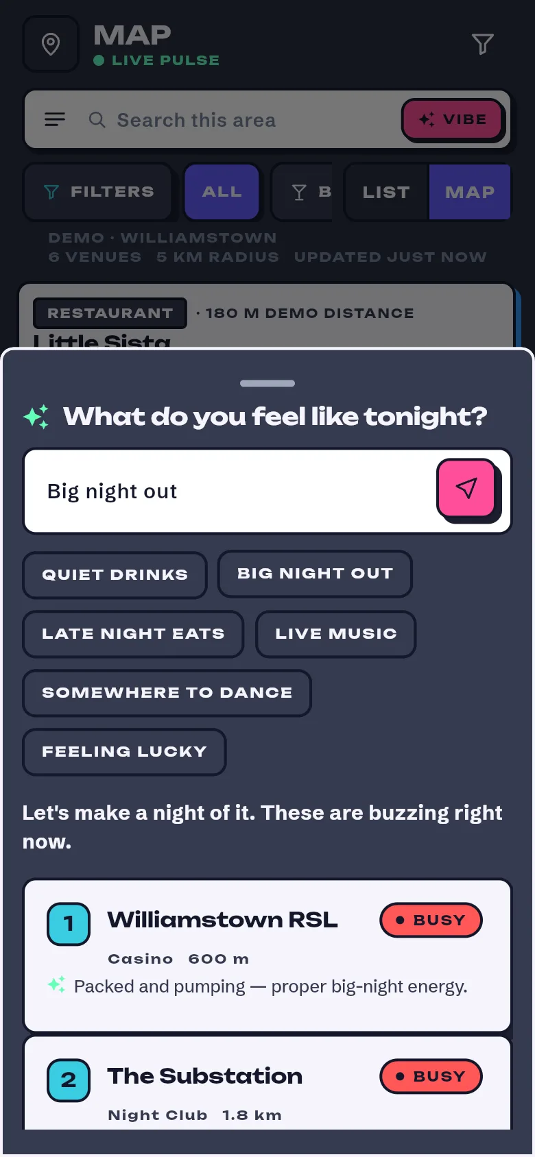 CrowdPop vibe picks screen with demo suggestions for a big night out