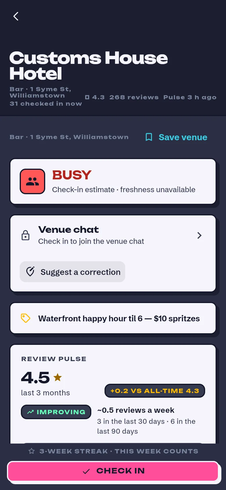 CrowdPop place screen showing an earlier venue interface with demo data
